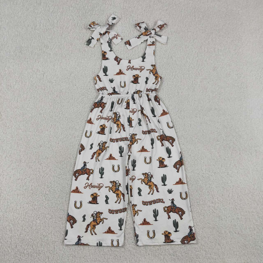 SR2969 Kids Baby Girls Bows Strap Horse Rodeos Cactus Western Pant Jumpsuits