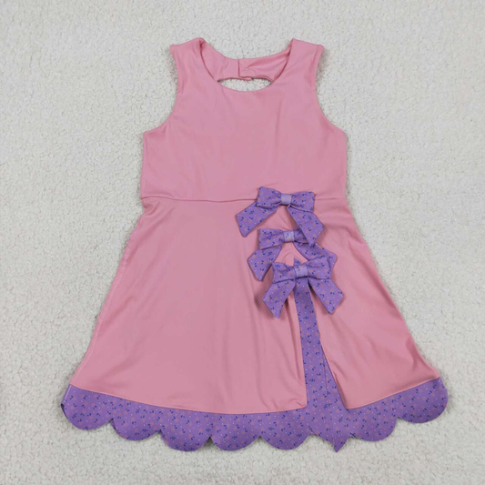 GSD3028 Kids Baby Girls Pink Purple Sleeveless Yoga Active Scallop Bows Shorts Knee Length Dresses