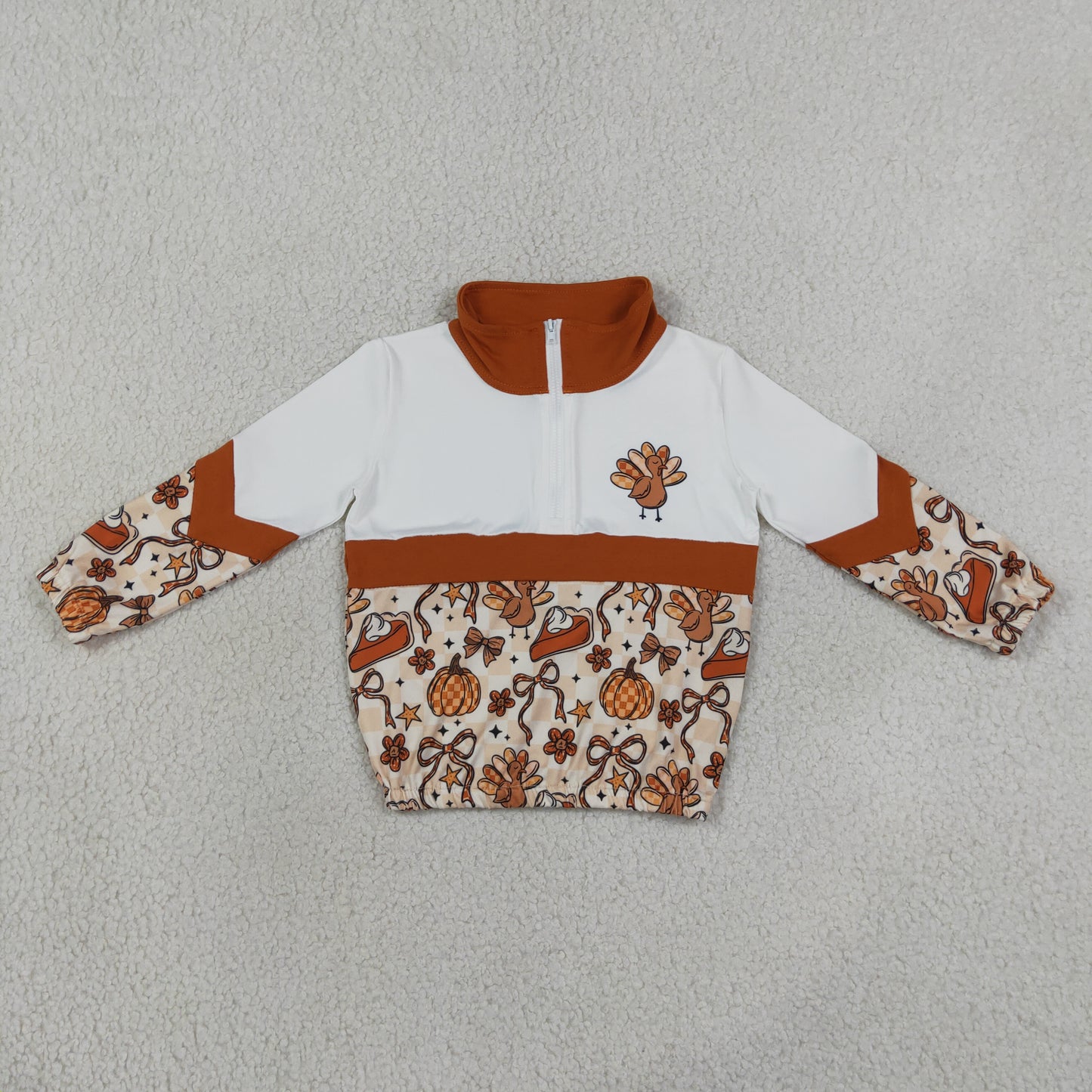 GT1723 Kids Clothing Baby Girls Turkey Bows Pumpkins Thanksgiving Zipper Pullovers Top