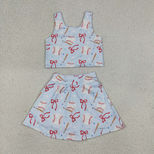 GSD3835 Kids Baby Girls Bows Baseballs Vests Top Skirt Short Team Yoga Active Clothes Set