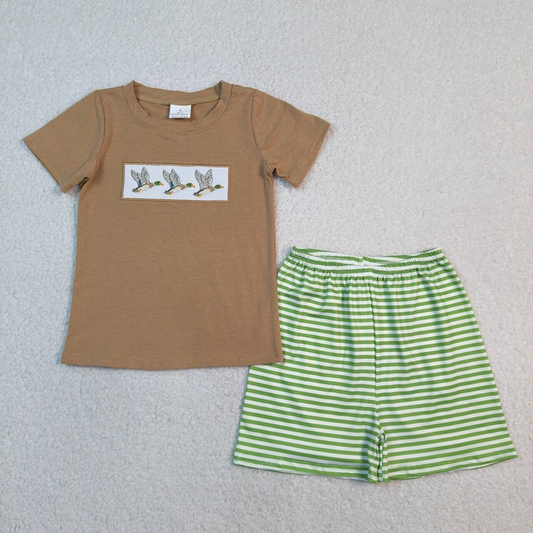 BSSO1947 Kids Embroidery Ducks Baby Boys Shirt Top Stripe Short Hunting Clothes Sets