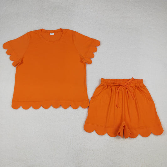 GSSO3206 Adult Women Orange Shorts Sleeve Shirts Top Short Scallop Clothes Sets