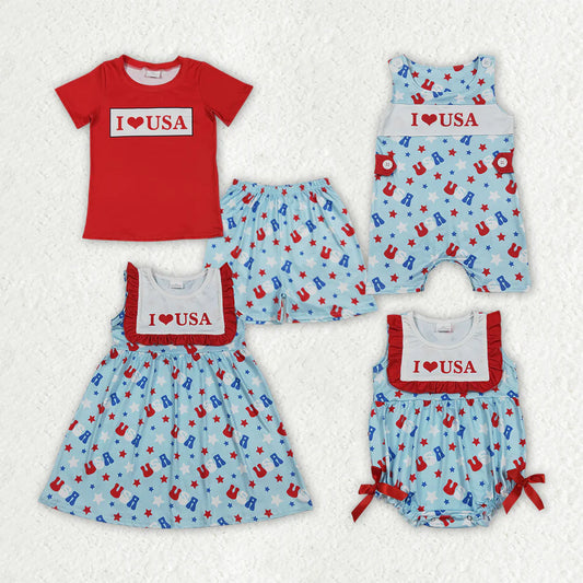 Baby Sibling Kids I Love USA Shirt Shorts 4th of July Clothes Set Knee Length Dress Rompers