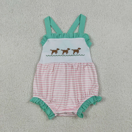 SR3558 Newborn Embroidery Dogs Baby Girl Strap Pink Stripe Hunting Rompers