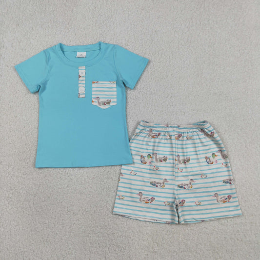 BSSO1802 Kids Baby Boys Blue Button Pockets Top Ducks Stripe Shorts Hunting Clothes Sets