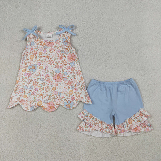 GSSO3393 Kids Baby Girls Sleeveless Colorful Flowers Scallop Tunic Ruffle Shorts Clothes Set