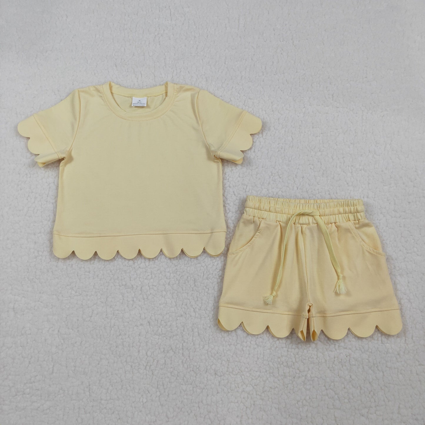 GSSO3175 Kids Baby Girl Short Sleeve Yellow Shirts Top Shorts Scallop Clothes Sets