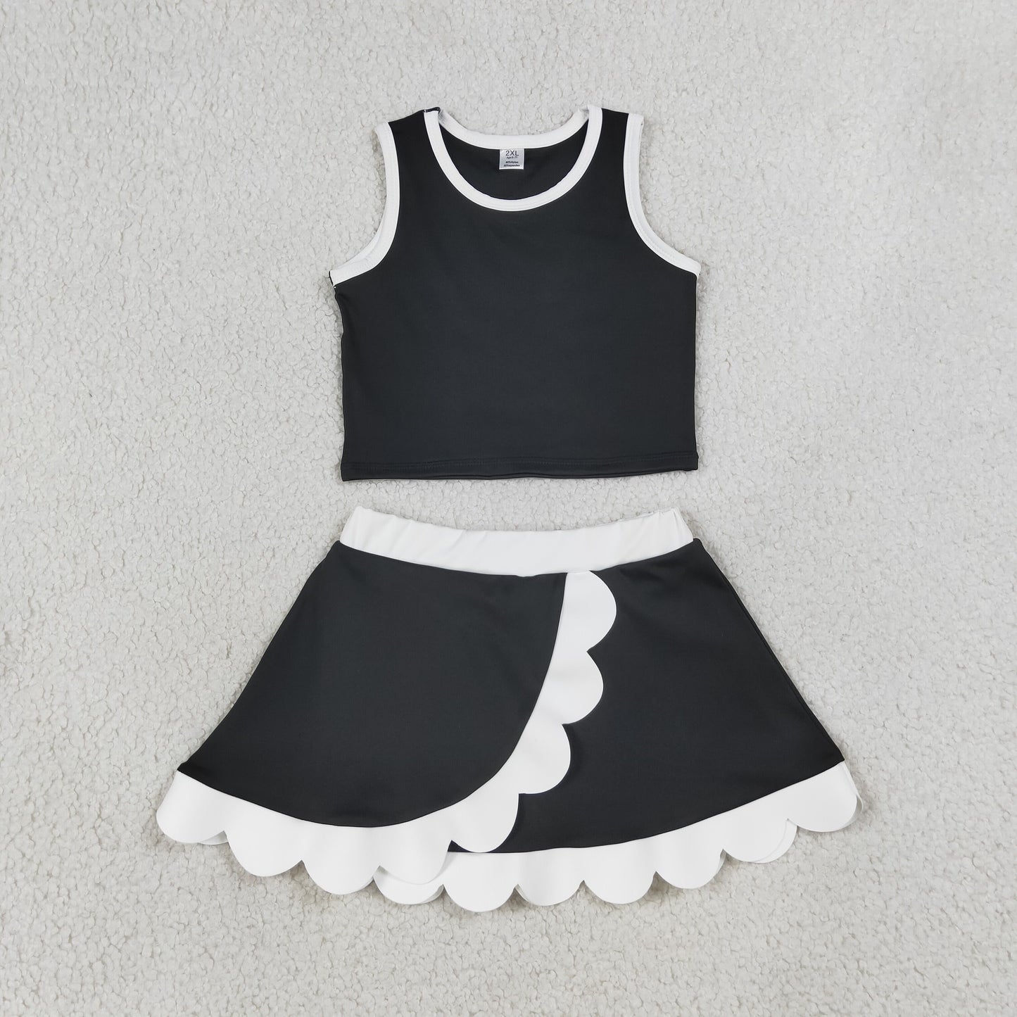 GSD4029 Kids Baby Girls Black Crop Vest Scallop Skirt Yoga Active Clothes Sets
