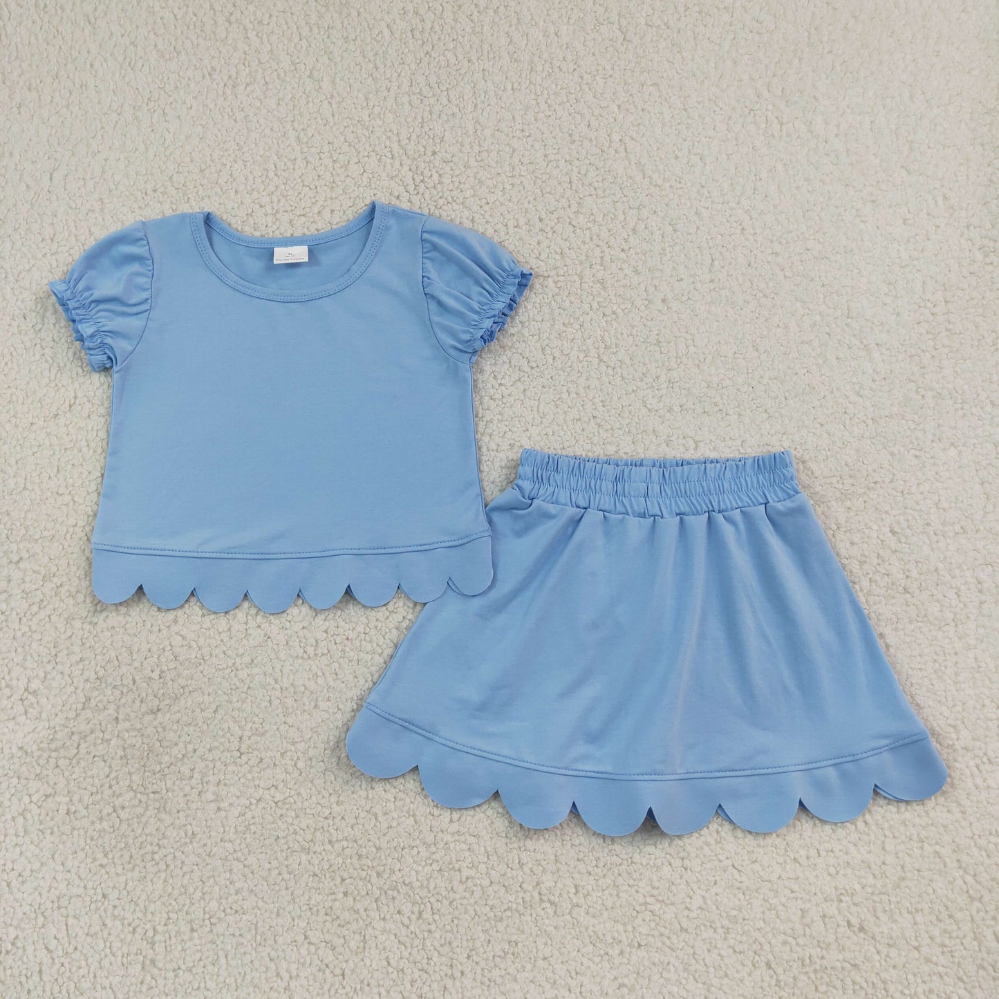 GSD3933 Kids Baby Girls Blue Short Ruffle Sleeve Top Skirt Short Scallop Clothes Sets