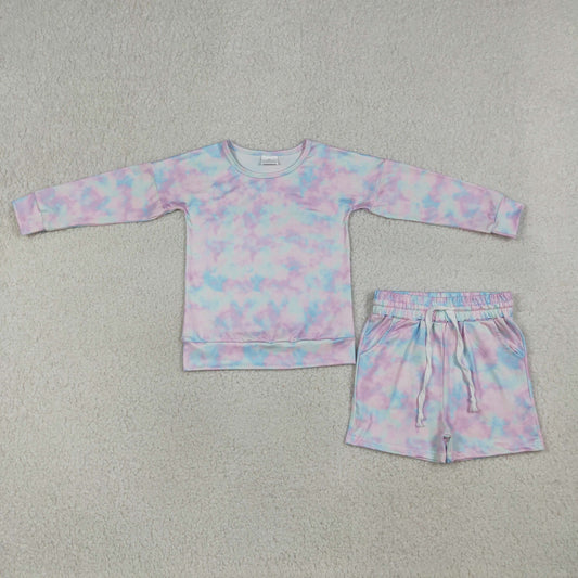 GLS0094 Kids Baby Girls Colorful Tie-dye Camo Top Pockets Shorts Clothes Sets