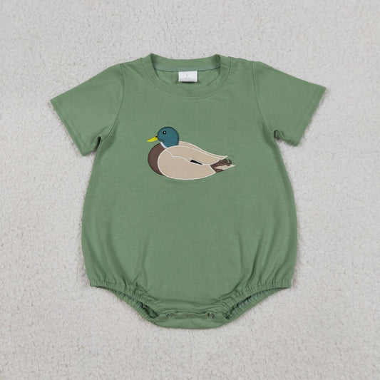 SR3444 Newborn Embroidery Ducks Baby Boys Green Short Sleeve Hunting Rompers