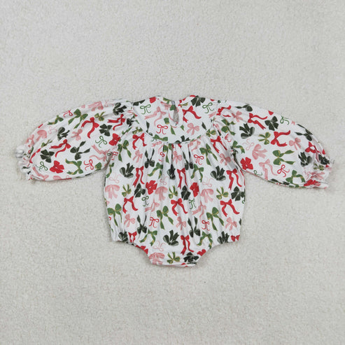 9.17 LR2185 Baby Infant Girls Long Ruffle Sleeves Colorful Bows Smocked Romper