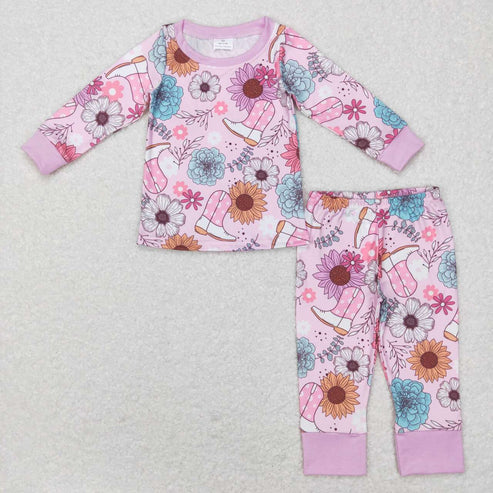 9.20 Sibling Baby Girls Lavender Pink Flowers Boots Top Pants Pajamas Sets Zipper Rompers
