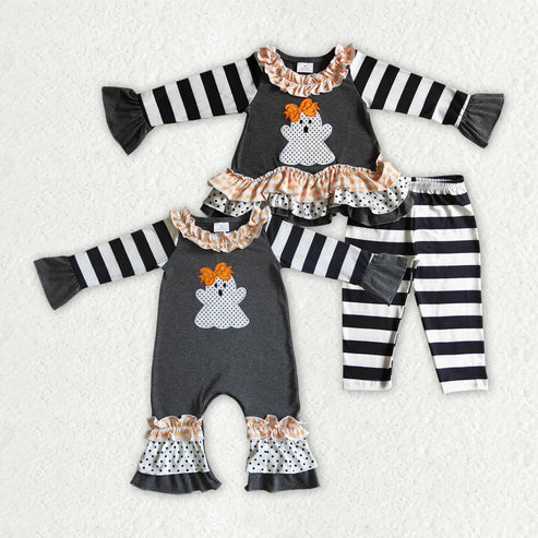 9.20 Sibling Baby Girls Black Stripe Embroidery Ghost Tunic Leggings Pants Halloween Clothes Sets Rompers
