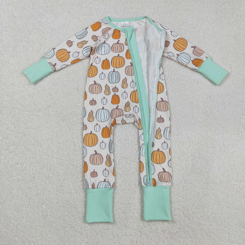 9.17 LR2565 Baby Boys Colorful Pumpkins Plaid Fall Zipper Footie Romper
