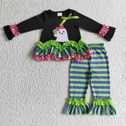 9.20 Sibling Baby Girls Green Stripe Embroidery Ghost Tunic Ruffle Pants Halloween Clothes Sets Rompers
