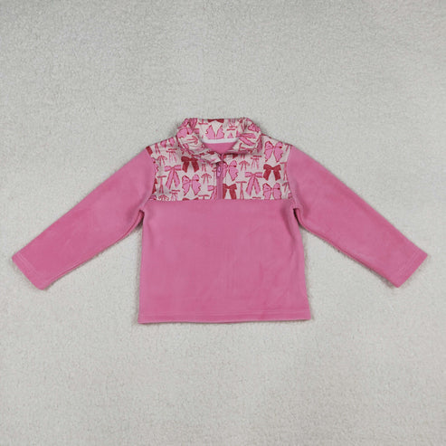 9.24 GT1149 Baby Girls Pink Bows Plaid Half Zipper Pullover Top