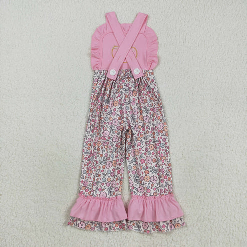 9.17 SR3176 Embroidery Baby Girls Pink Strap Bow Pumpkins Floral Ruffle Pant Jumpsuit