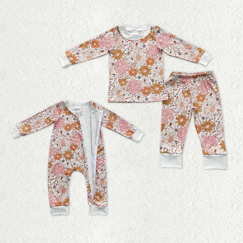 9.20 Sibling Baby Girls Orange Pink Daisy Flowers op Pants Pajamas Sets Zipper Rompers