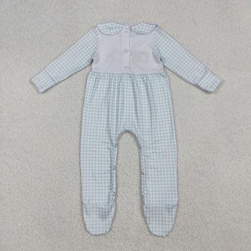 9.24 LR2560 Embroidery Baby Girls Light Blue Plaid Pumpkins Fall Footed Romper