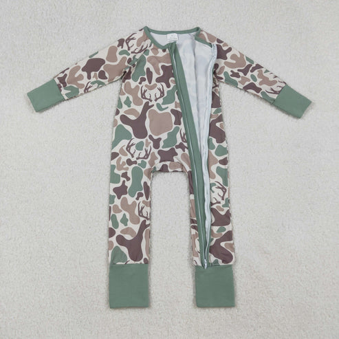 9.24 LR2582 Baby Boys Brown Deer Camo Western Zipper Footie Romper