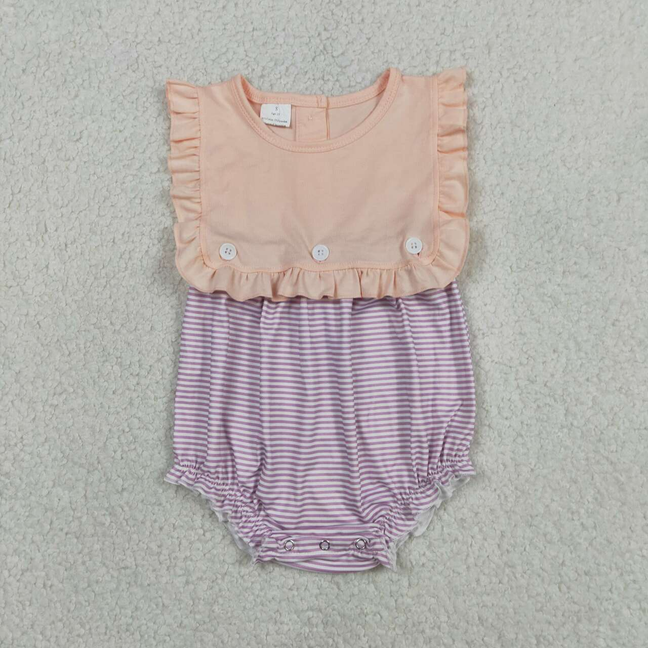 SR3941 Newborn Baby Girls Sleeveless Lavender Stripe Back Button Two Pieces Ruffle Rompers