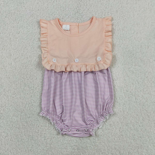 SR3941 Newborn Baby Girls Sleeveless Lavender Stripe Back Button Two Pieces Ruffle Rompers