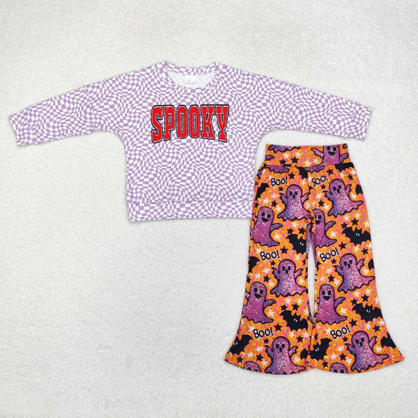 GT0716+P0609 Baby Girls Halloween Checkered Spooky Top Bell Pants Clothes Set