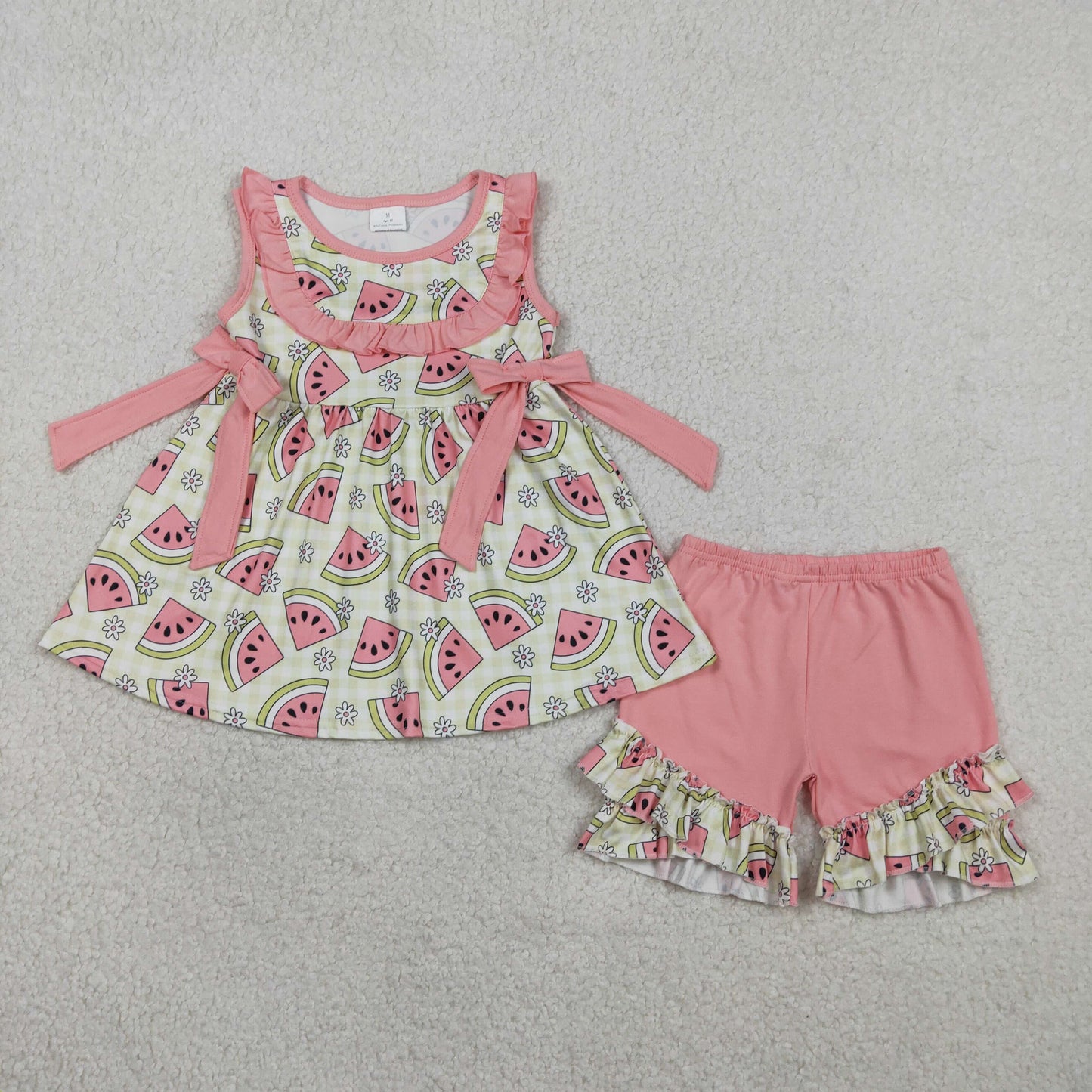 GSSO3118 Kids Baby Girl Green Checked Flowers Watermelons Tunic Ruffle Shorts Clothes Sets