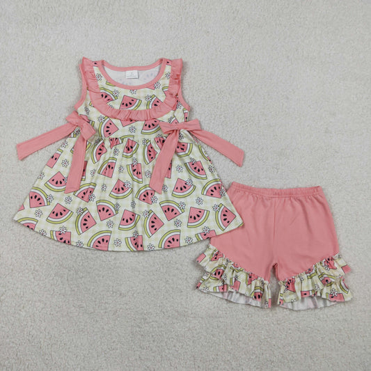 GSSO3118 Kids Baby Girl Green Checked Flowers Watermelons Tunic Ruffle Shorts Clothes Sets