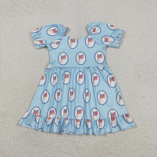 GSD3792 Kids Baby Girls Blue Stripe Bow Flags 4th of July Ruffle Knee Length Dresses