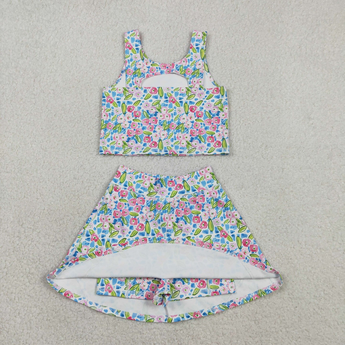 GSD1988 Kids Baby Girl Blue Pink Floral Vest Top Shorts Skirts Yoga Activity Set