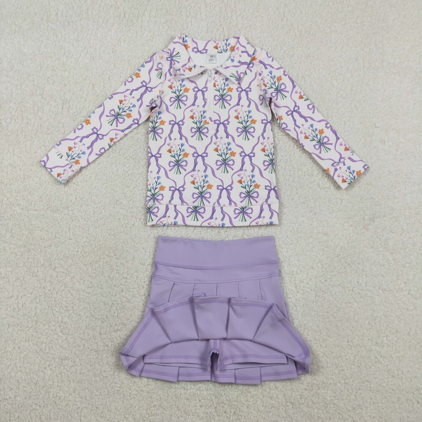 GT1371GLK0085 Kids Baby Girl Bow Flowers Zipper Pullover Skirt Short Yoga Active Clothes Sets