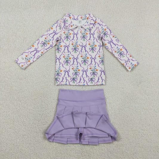 GT1371GLK0085 Kids Baby Girl Bow Flowers Zipper Pullover Skirt Short Yoga Active Clothes Sets
