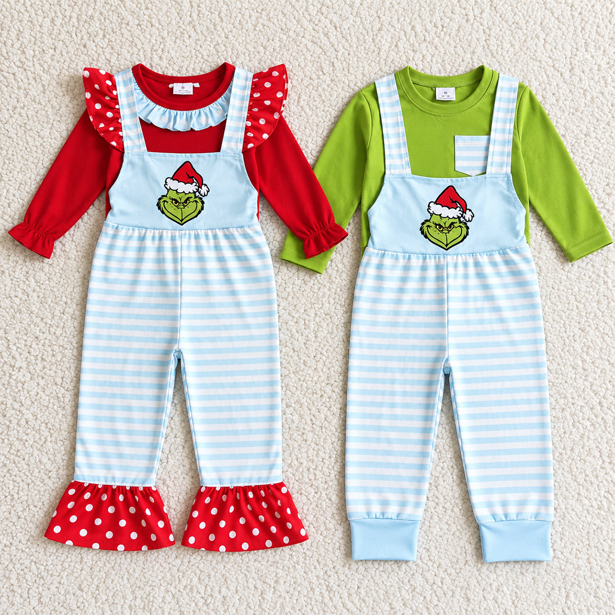 Sibling Baby Boys Christmas Green Overall Clothes Sets