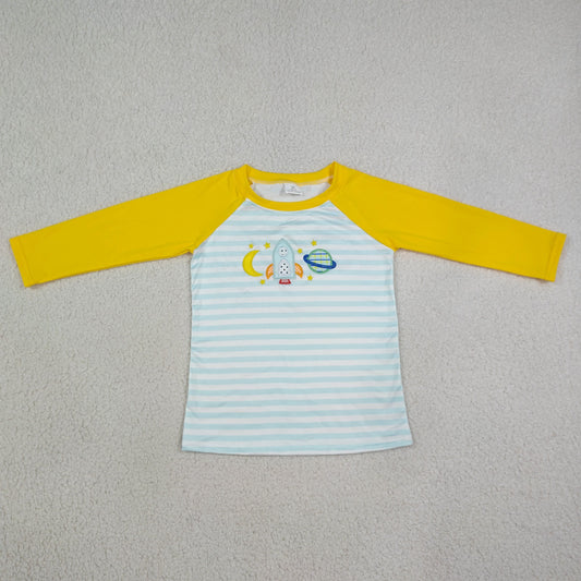 BT1831 Kids Clothing Baby Boy Embroidery Moon Long Sleeve Blue Stripe T-shirts Tops