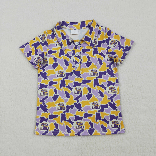 BT1744 Kids Baby Boys Purple Yellow Camo LSU Tigers Team Button Polo Shirt Top