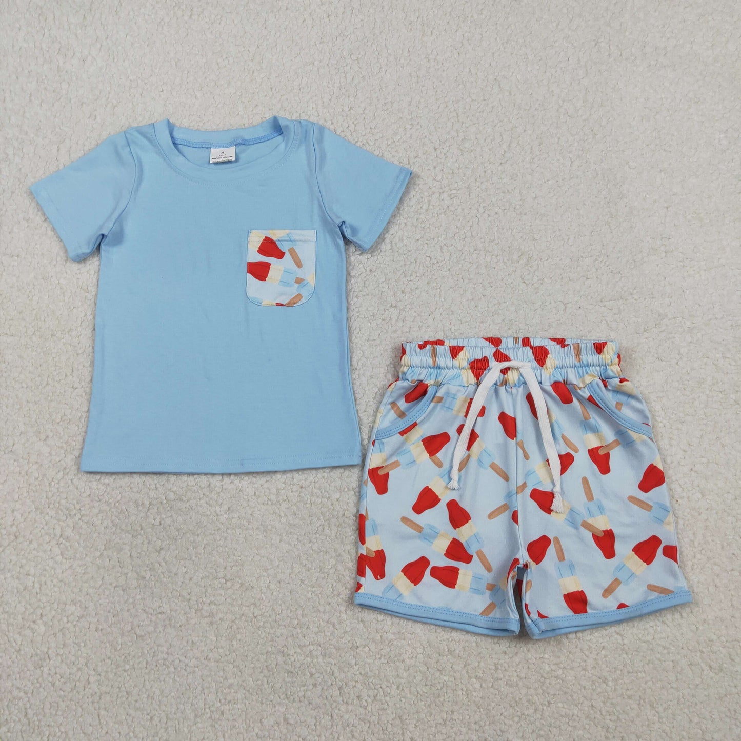 RTS NO MOQ（In Stock) BSSO1844 Blue Pocket Short-Sleeved Skirt and Shorts Set with National Day Popsicle Pattern