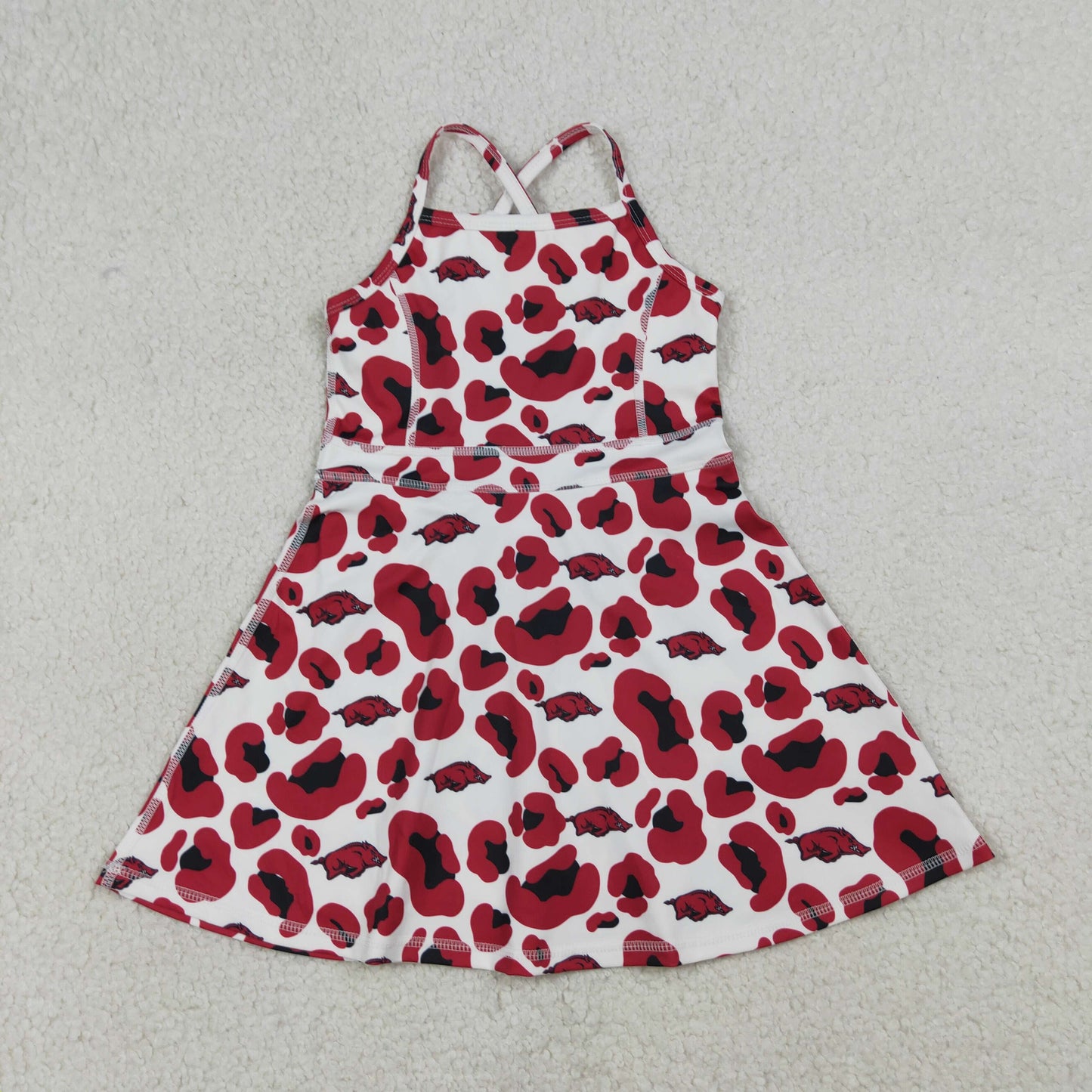 GSD3636 Kids Baby Girl Strap Leopard Arkansas Team Yoga Active Shorts Knee Length Dress