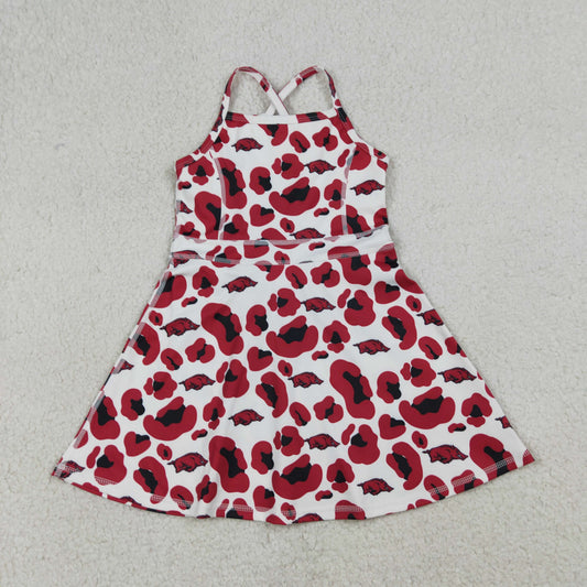 GSD3636 Kids Baby Girl Strap Leopard Arkansas Team Yoga Active Shorts Knee Length Dress