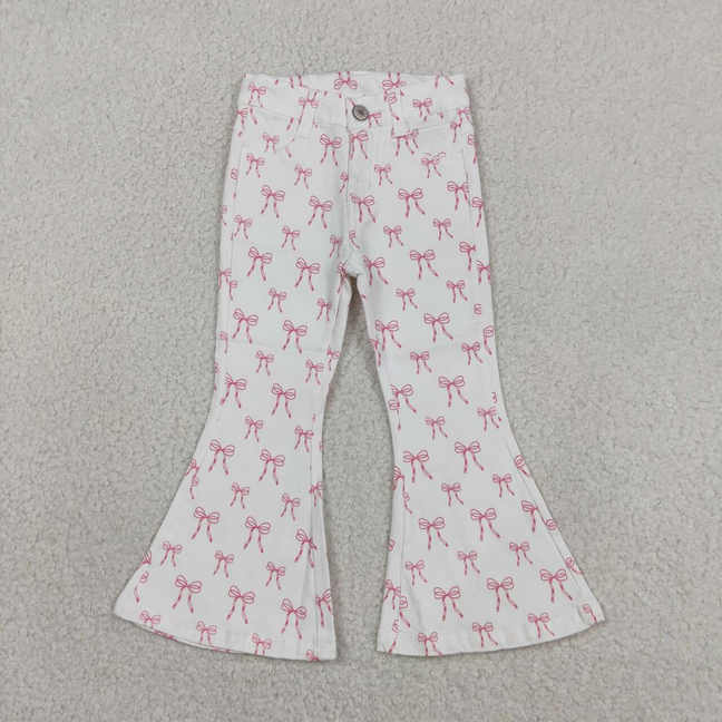 P1042 Kids Baby Girls Pink Bows Denim Pockets Bell Bottom Pants