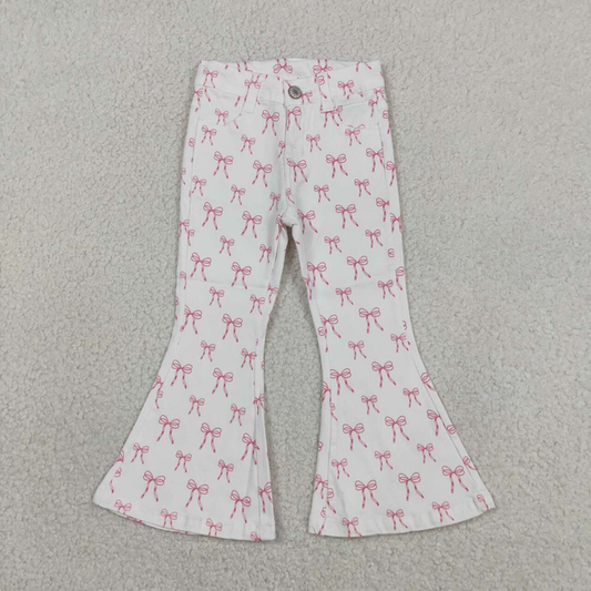 P1042 Kids Baby Girls Pink Bows Denim Pockets Bell Bottom Pants