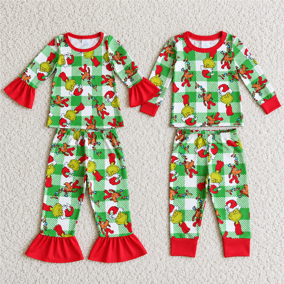 Sibling Baby Boys Christmas Plaid Green Bell Pants Sets