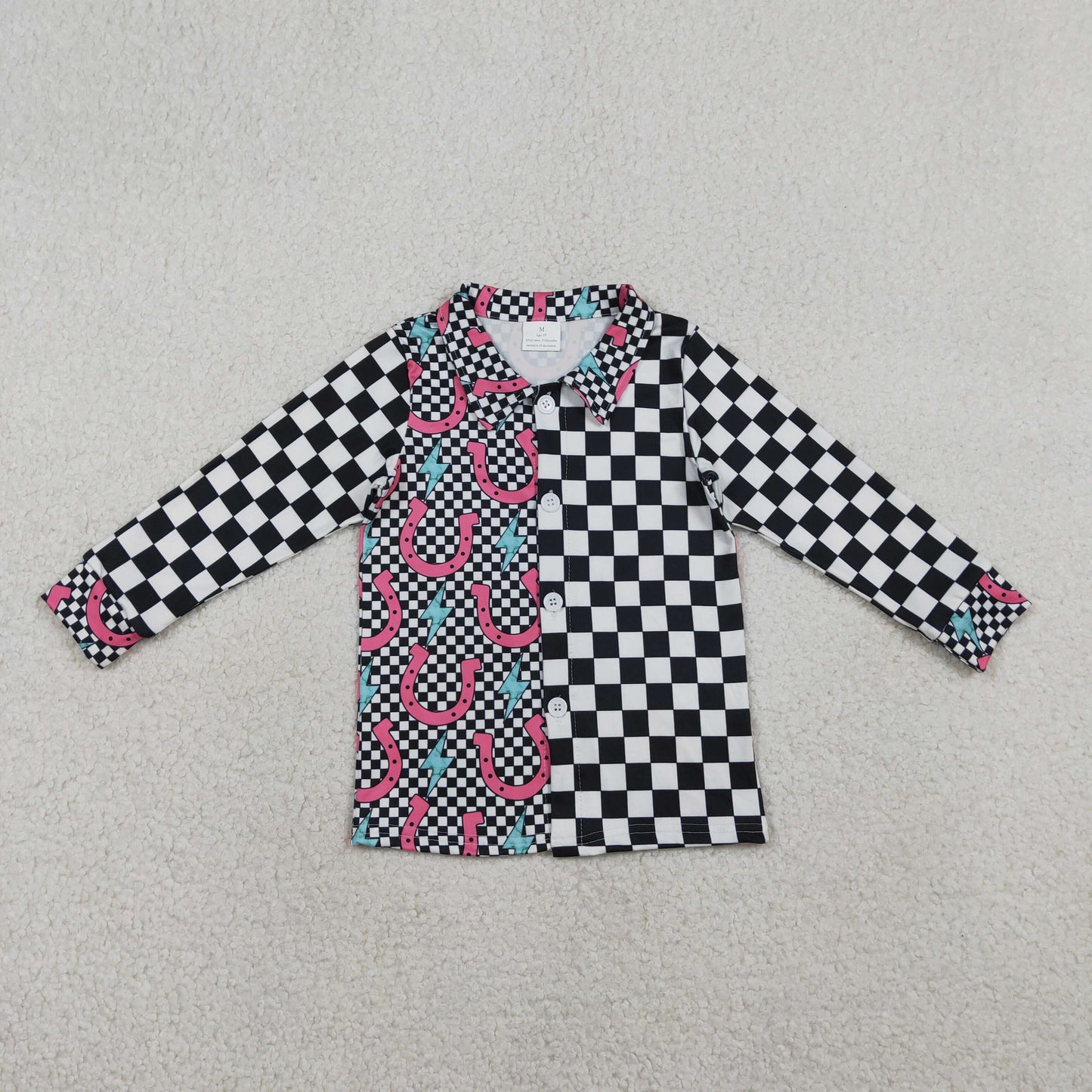 GT1509 Kids Baby Girl Shoes Lightnings Black Checked Western Button Shirts Top