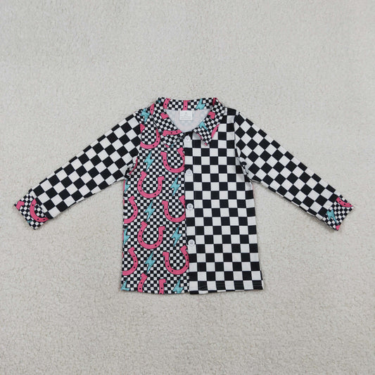 GT1509 Kids Baby Girl Shoes Lightnings Black Checked Western Button Shirts Top