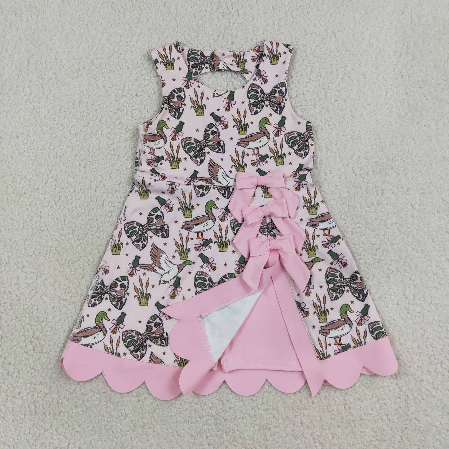 GSD4009 Kids Clothing Baby Girls Camo Bows Ducks Hunting Yoga Active Short Bows Scallop Knee Length Dress