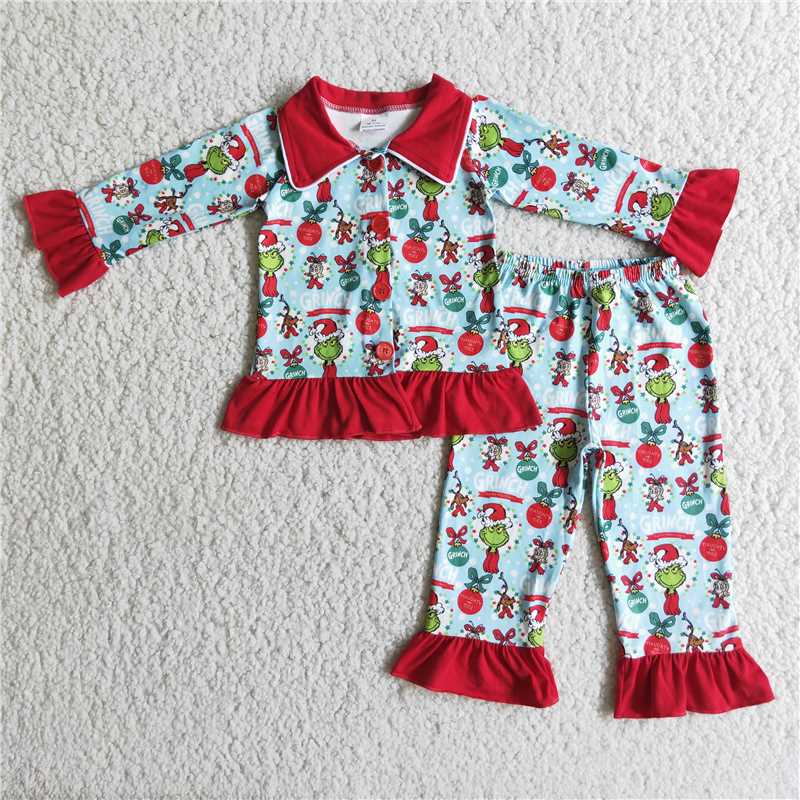 Sibling Baby Boys Girls Kids Green Faces Miss Button Top Pants Christmas Pajamas Sets