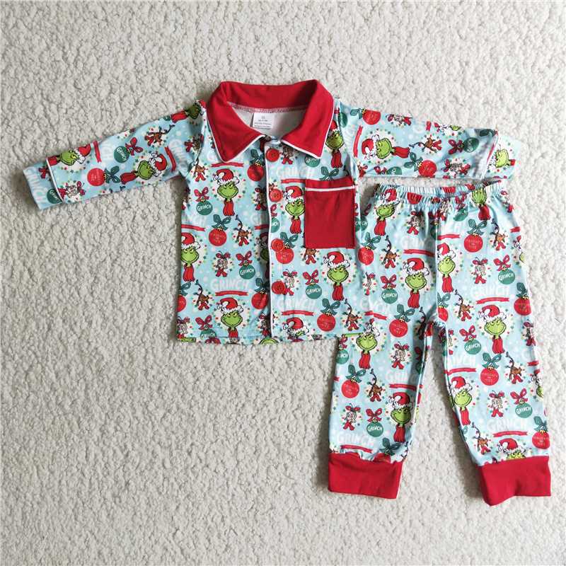 Sibling Baby Boys Girls Kids Green Faces Miss Button Top Pants Christmas Pajamas Sets