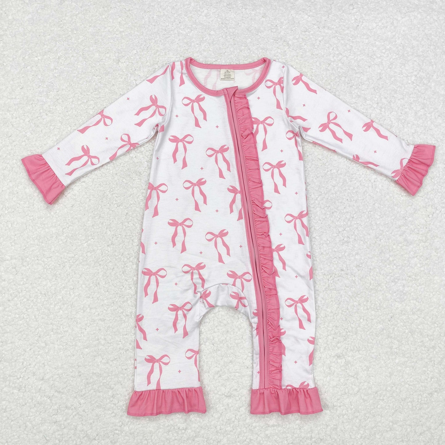 LR1584 Bamboo Baby Infant Girls Pink Bows Ruffle Zip Romper