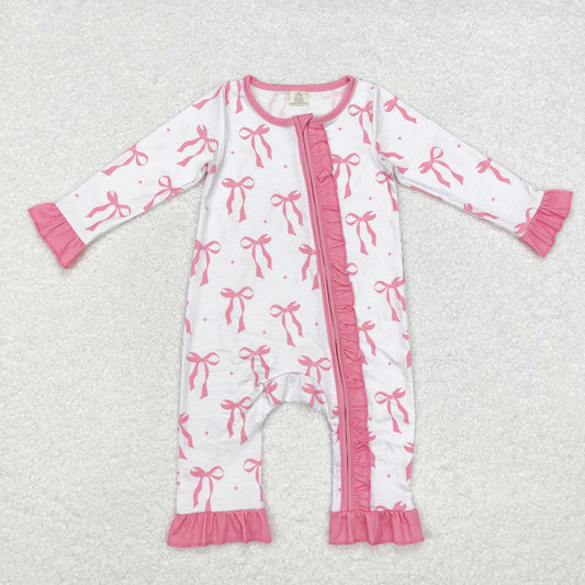 LR1584 Bamboo Baby Infant Girls Pink Bows Ruffle Zip Romper